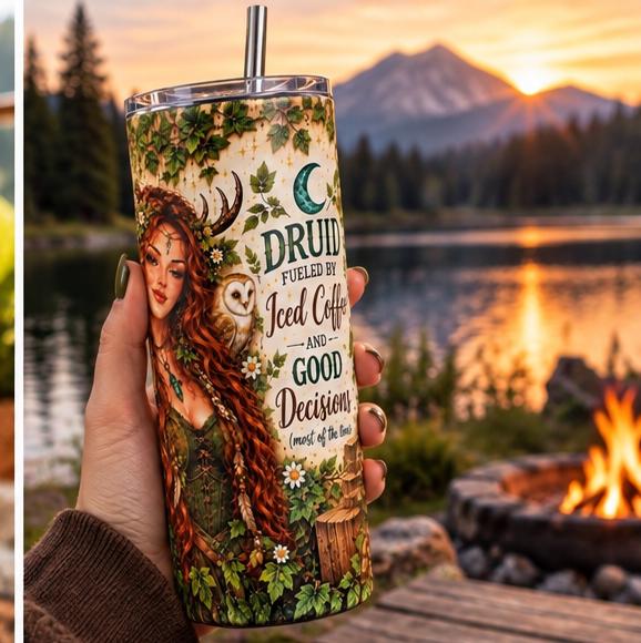 Druid Coffee Tumbler with Straw, Whimsical Fantasy Stainless Steel Insulated Cup, 20oz Skinny Mug