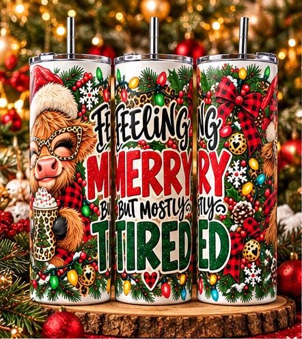 Funny Christmas Highland Cow Skinny Tumbler, Feeling Merry But Mostly Tired
